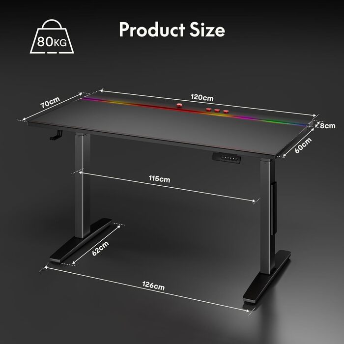 Ігровий стіл FLEXISPOT з електричним регулюванням висоти, світлодіодною стрічкою та системою керування кабелями, подвійним двигуном, 4 слотами пам&39яті, тихим регулюванням висоти підходить для домашнього офісу та ігор, 120 x 70 см, чорний