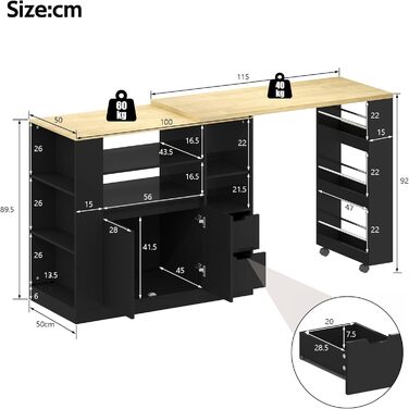 Барний стіл з місцем для зберігання, кухонний острів з висувною стільницею та функцією повороту на 360, рухомий бічний столик з тристоронніми полицями та 2 шухлядами, кавова барна стійка, чорний, 115x50x92 см A-чорнийнатуральний