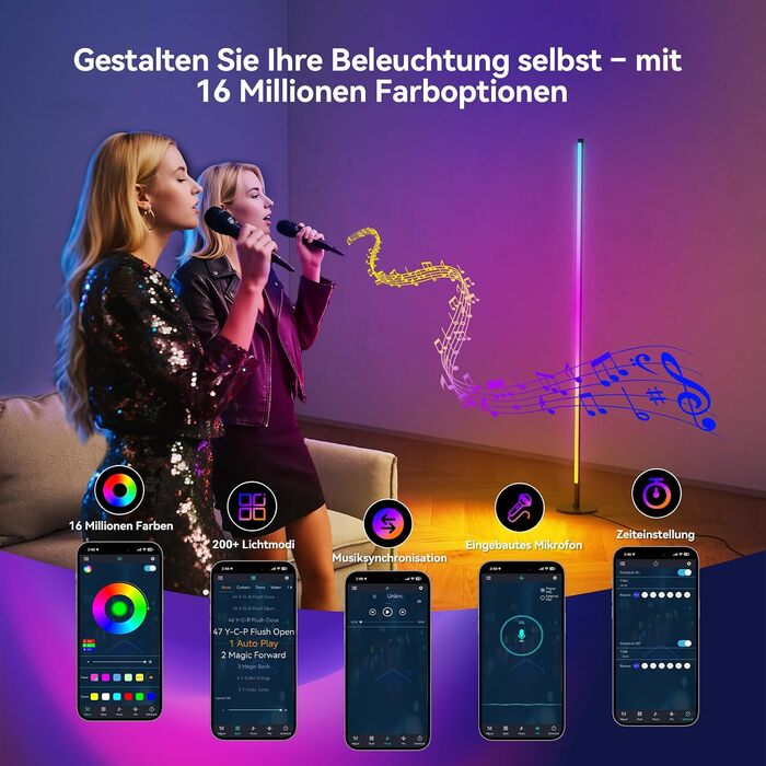 Набір з 2 RGB LED торшерів для вітальні (160 см) димовані підлогові світильники з пультом та керуванням через додаток, музичні та DIY-режими, таймер для спальні та геймінгу