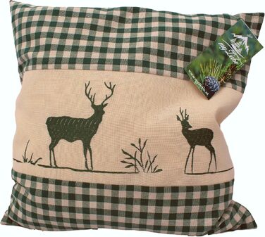 Зелена картата соснова подушка з вишивкою оленя, наповнена сосновою стружкою, виготовлена з деревини швейцарської сосни, розмір 40x40 см