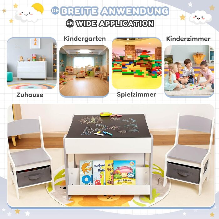 Дитячий стіл Yorbay з 2 стільцями, дерев&39яний дитячий комплект меблів з місцем для зберігання та книжковими полицями, стіл для малювання 3 в 1, стіл для активності та стіл для гри в клас, дитяча кімната, ігрова кімната, для дошкільнят (сірий)