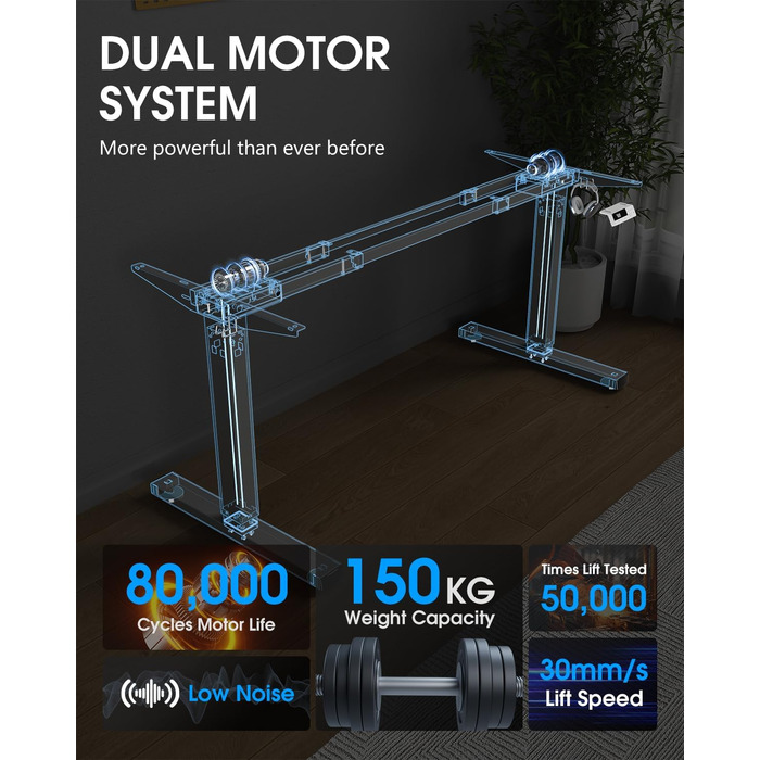 Каркас столу з регулюванням висоти, 2 потужними двигунами, 3 налаштуваннями пам&39яті та нагадуванням про можливе кріплення сидячи/встаючи, функцією захисту від зіткнень, вантажопідйомністю 150 кг, портом USB-C, 2 гачками, білий колір