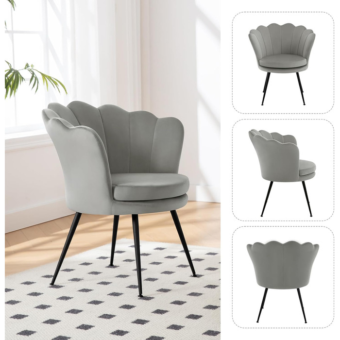 Крісло-крило WOLTU, квіткова форма, крісло-туалет, вітальня, спальня, балкон, з оксамитовою оббивкою, металеві ніжки, сірий