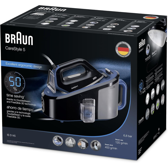Парова прасувальна станція Braun CareStyle 5 IS 5145 WH - парова праска з підошвою FreeGlide 3D та функцією Eco, 2400 Вт, паровий