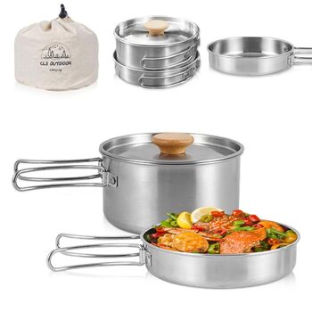 Набір посуду для кемпінгу з нержавіючої сталі каструля з кришкою та складаною ручкою, портативний посуд для туризму, походів, риболовлі та пікніків