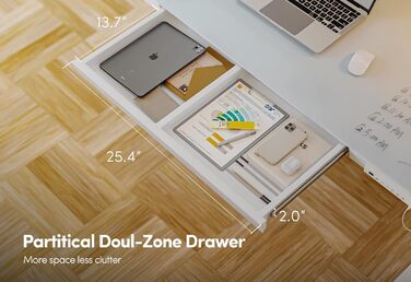 Електричний стіл для роботи стоячи 120 x 60 см з висувними шухлядами, регульований по висоті повністю скляний стіл, цільний, швидковстановлюваний регульований стіл для роботи сидячи та стоячи, біла скляна стільниця 120 x 60 см