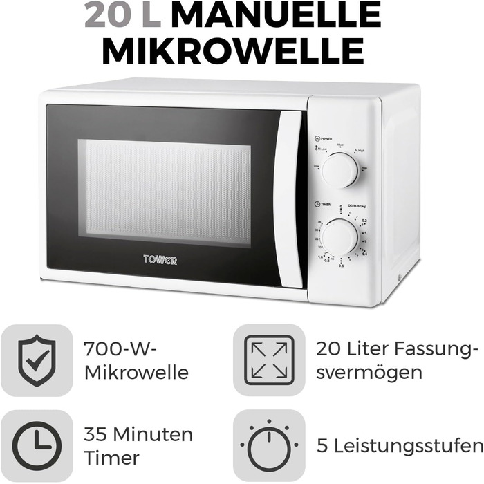 Ручна мікрохвильова піч Tower T24034WHT 20 літрів 700 Вт з 5 рівнями потужності та таймером на 35 хвилин - мікрохвильова піч біла