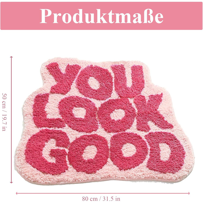 Килимок для ванної HARY, рожевий, 50 x 80 см, килимок для ванної You Look Good, барвистий, асиметричний килимок для ванної кімнати, килимок для ванної, нековзний килимок для душу, рожевий килимок з дофаміновим декором, роздягнися