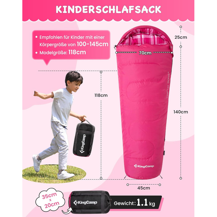 Дитячий спальний мішок KingCamp (до 7C), легкий, водонепроникний, компактний, фланелевий спальний мішок, спорядження для холодної погоди та тепла молоді, аксесуар для кемпінгу, підходить для 10-12 дітей зростом до 1,68 м, рожевий у клітинку, 165x70x45 см