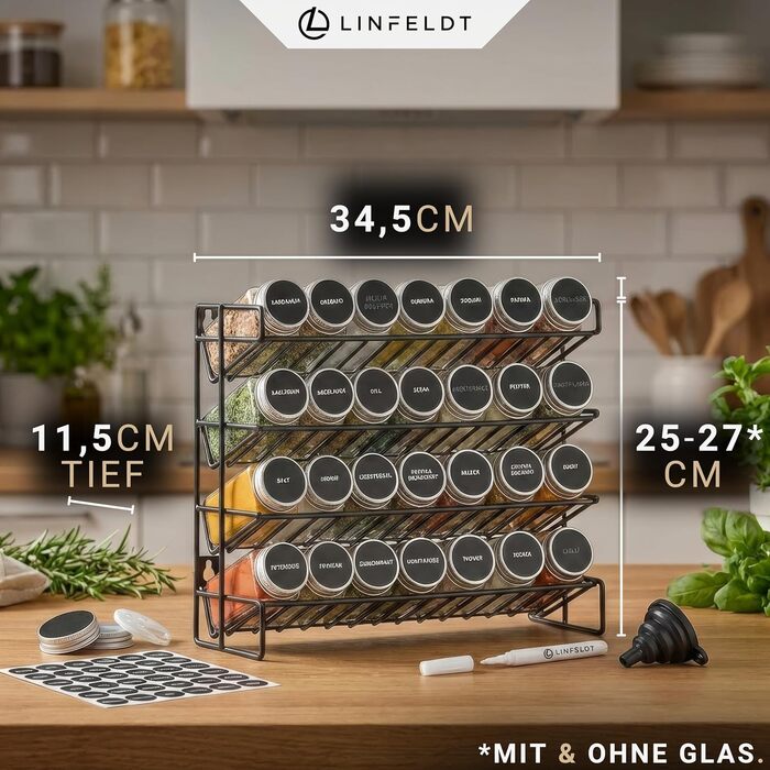 Підставка для спецій на 28 банок - 108 наклейок ручка шурупи для підвішування - Підставка для спецій на місці - Банки для спецій з полицею (спеції не входять до комплекту) - 34,5x25x11,5 см, Чорний