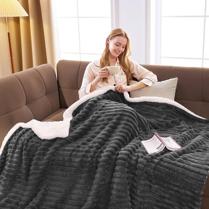Ковдра WAVVE Sherpa, плюшева ковдра, пухнаста сіра - надзвичайно тепла, товста, м&39яка ковдра з грубого шнура, плед для дивана, двостороння ковдра для дивана, 150x200 см XL вовняна ковдра, ковдра для дивана, ковдра для вітальні 150 x 200 см сірого кольор