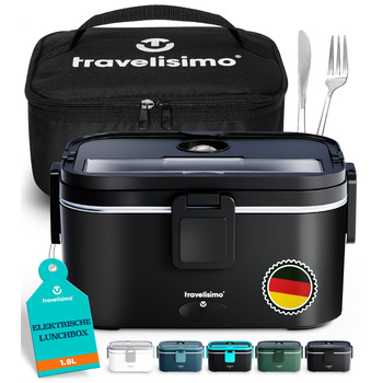 Електричний ланч-бокс TRAVELISIMO XXL надзвичайно великий 1,8 л 100 Вт, підігрівач для ланч-боксів 3-в-1 12 В/24 В/220 В, для роботи, автомобіля, вантажівки, електричний ланч-бокс та підігрівач їжі, чорний