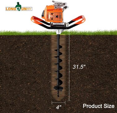 Садовий бурильник для стовпів, 4 фути, ручний, з гострими міцними лопатями, 31,5 дюйми для швидкої посадки цибулин, розсади та встановлення стовпів (діаметр 10 см)