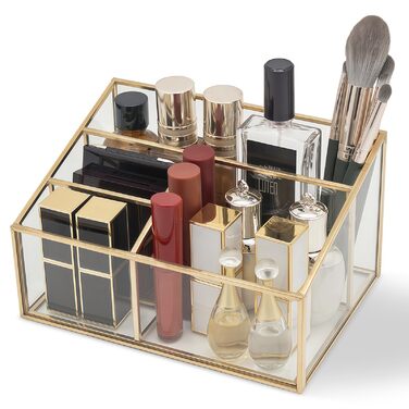 Органайзер для косметики, золотий органайзер для туалетного столика, тримач для пензлів для макіяжу, тримач для палітри тіней для повік з 4 відділеннями, прозорий органайзер для макіяжу для спальні та ванної кімнати, ретро D41B