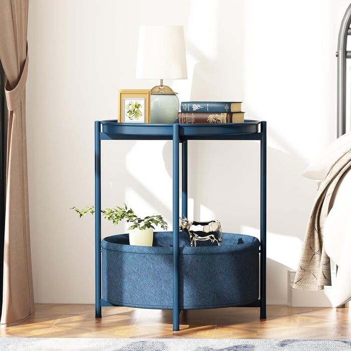 Круглий журнальний столик, маленький столик, металевий балконний столик, 2-ярусний диванний столик, журнальний столик з тканинним кошиком, тумбочка, столик для вітальні, журнальні столики для спальні, тераси, синій