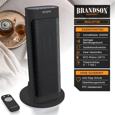 Енергозберігаючий, тихий електричний керамічний обігрівач - Електричний обігрівач з дистанційним керуванням - Коливання - Захист від перегріву - Термостат - Ванна кімната, спальня, вітальня B Чорний