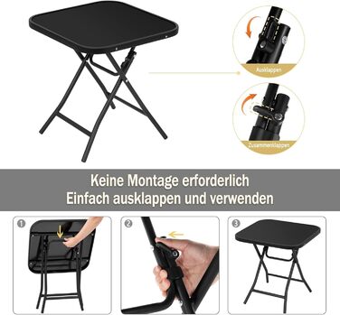 Складаний стіл eSituro, складний бічний столик, балконний стіл, кемпінговий стіл, садовий стіл, бістро-стіл, з металевим каркасом, прямокутна стільниця із загартованого скла, 46x46x48 см, чорний