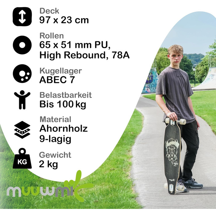 Лонгборд Muuwmi Beach Deluxe 97 см 9-шаровий клен ABEC-7 PU колеса 65x51 мм 78A top mount cruiser пляжний дизайн повний компліт для новачків карвінгу оригінал Німеччина 2025