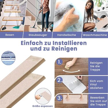 Сходинки для сходів 17 x 70 см, самоклеючі та протиковзкі, м&39який ворс, можна різати, багаторазові, 5 самоклеючих внутрішніх сходинок, килимове покриття для сходів для дітей та людей похилого віку, D