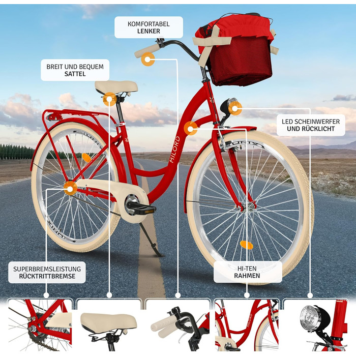 Комфортний міський велосипед з кошиком, вінтажний жіночий голландський велосипед, 28 дюймів, червоний, 1 швидкість