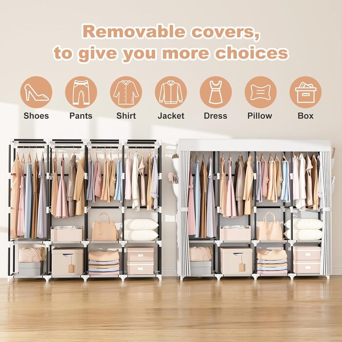 Портативна шафа для одягу VTRIN, ширина 170 см, велика місткість, портативна шафа з кришкою, 4 полиці та 4 вішалки для одягу, міцна, окремостояча шафа для білого/розкішного саду
