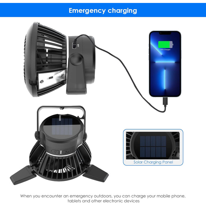 Вентилятор для кемпінгу Qoosea на сонячних батареях USB-вентилятор для кемпінгу для наметів Перезаряджаються вентилятори для наметів з підсвічуванням Портативний сонячний вентилятор для кемпінгу з гачком Світлодіодний кемпінговий ліхтар для автомобіля для