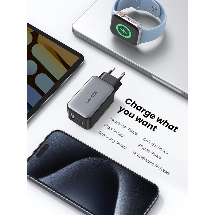 Зарядний пристрій 65 Вт GaN Зарядний пристрій 3-Port PD Блок живлення 60 Вт PPS сумісний з MacBook Pro/Air, iPhone 16 Pro Max/16/1