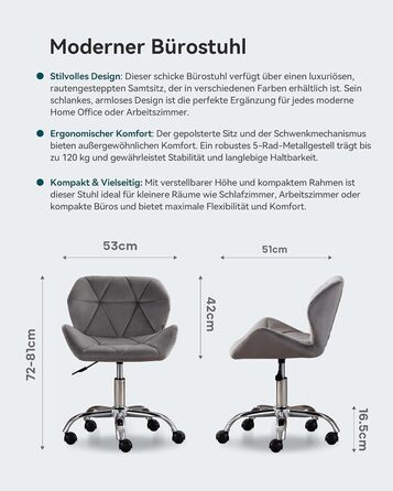 Офісне крісло HNNHOME Eris, сучасне, оббите оксамитом, обертове крісло, тканина, регульована висота, сірий оксамит