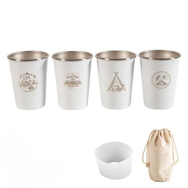 Набір кавових чашок з нержавіючої сталі 304 для використання на відкритому повітрі об&39ємом 350 мл, 4 предмети, з силіконовим тримачем для чашок, білий