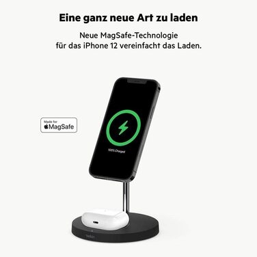 Бездротовий зарядний пристрій Belkin 2-в-1 з MagSafe, (15 Вт, зарядна підставка для iPhone для швидкої зарядки iPhone 14 серії, Ai
