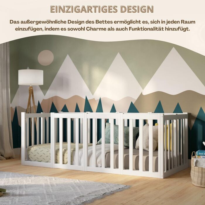 Дитяче ліжко 120x200 см Ліжко Монтессорі на підлогу з високим захистом від падіння 73 см та відкривним бар&39єром - Біле з гладкою поверхнею - Ідеально підходить для хлопчиків та дівчаток Crazy John 200 x 120 см Біле