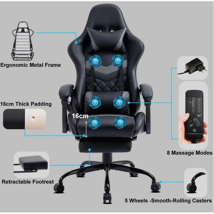 Ігрове крісло Delman, гоночне крісло, офісне крісло, комп&39ютерне крісло, масажна функція з 6 точками вібрації, крісло керівника зі штучної шкіри, ергономічна підставка для ніг 12-0037 (сірий колір)