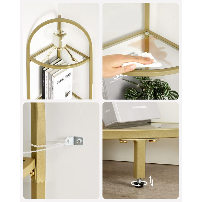 Кутова полиця VASAGLE, 5 полиць, книжкова полиця, полиця для рослин, окремостояча полиця, полиця для ванної кімнати, полиці із загартованого скла, сталева рама, сучасна, для вітальні, кухні, металеве золото LGT810A01 5 полиць (28 x 28 x 158 см) металеве з