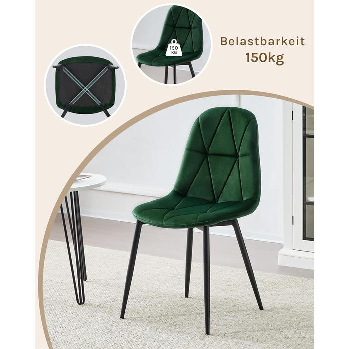 Обідні стільці Lestaraiin, комплект з 4 шт. зі спинкою, для їдальні, кухні, вітальні, м&39які кухонні стільці з оксамитовою оббивкою, виготовлені з металу, ергономічний дизайн, темно-зелений.
