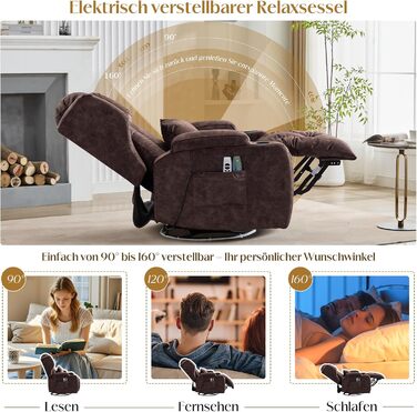 Електричне крісло для телевізора з функцією відкидання спинки, крісло з обертовим кутом 240, крісло для кінотеатру, масажне крісло з функцією підігріву, крісло для телевізора, крісло для відпочинку вагою до 150 кг (оксамит, коричневий) Коричнева оксамитов