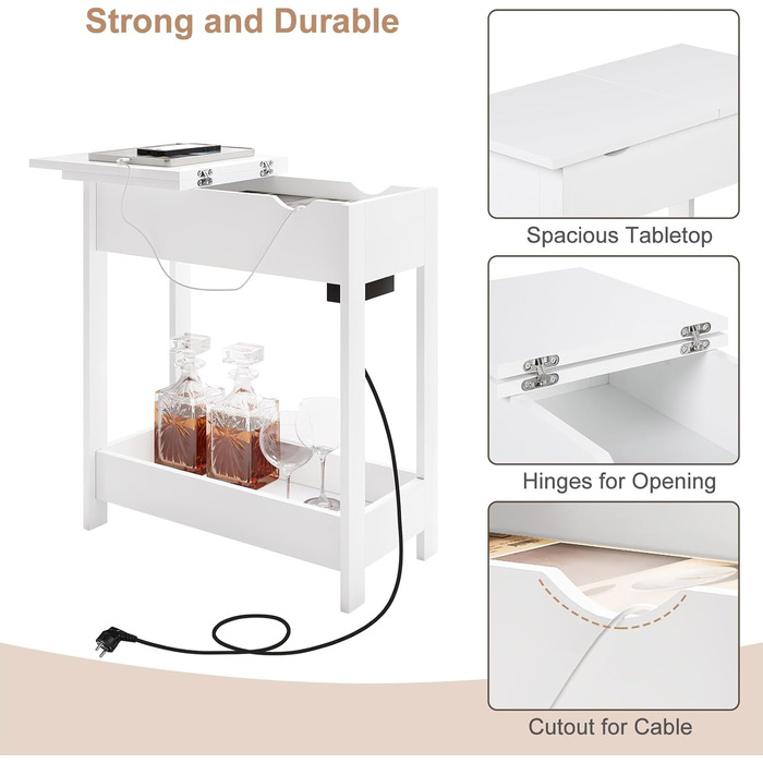 Приставний столик EUGAD, тумбочка з розеткою, столик для дивана, журнальний столик, маленький столик, консольний столик, розкладна стільниця, 3 полиці, для вітальні, спальні, кухні, білий, 0001CHJ