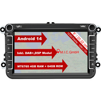 Авторадіо для VW Golf 5/6 Passat Touran Tiguan T5 / Skoda/SEAT (RNS/RCD Ersatz) 8&39 QLED, 4GB64GB, CarPlay/Android Auto, 4G-SIM, DAB (включ. антена), інтегрований CANBUS, 8V7-L2 Android 14