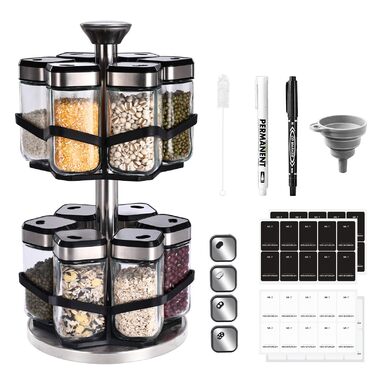 Дворівнева карусель для спецій, що обертається на 360, з 12 банками для спецій об&39ємом 120 мл, годинником на 360 (розмір отвору можна вибрати), обертовою підставкою для спецій, підставкою для спецій з нержавіючої сталі, набір органайзерів для спецій з 1