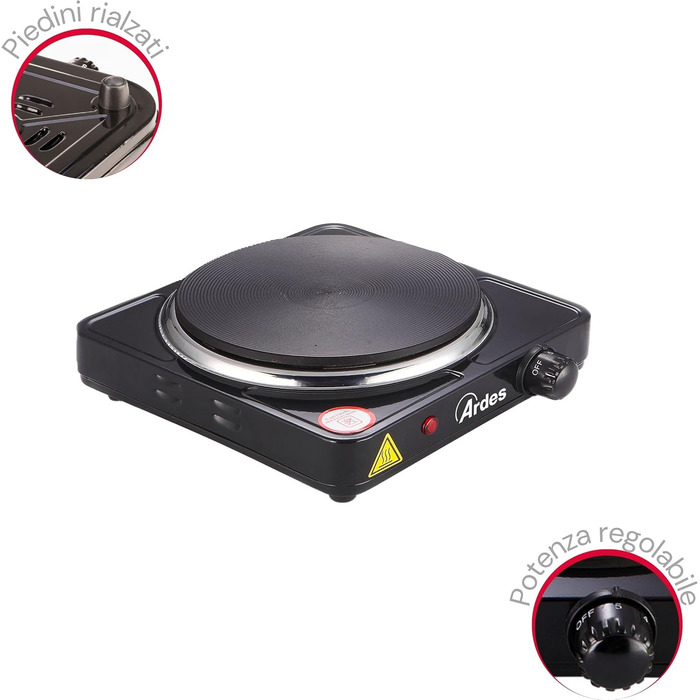 АРДЕС Електрична плита 1 1500 Вт чавунна варильна поверхня з лакованої сталі діаметром зверху 18,5 см і термостатичним термостатом модель TIKAPPA AR1F19 Black