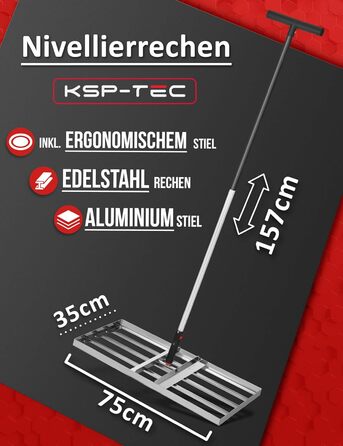 Гребінь для газону з нержавіючої сталі 75x35 см - професійний вирівнювач для газону з ручкою - для розрівнювання, підсипання піском та догляду - ергономічний інструмент для вирівнювання газону, що зберігає спину