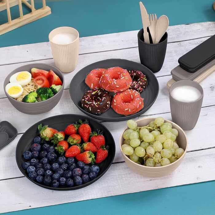 Небиткий набір посуду на 4 особи з сумкою з тканини, багаторазовий посуд для кемпінгу, пластиковий посуд для пікніка, барбекю, легкий посуд для подачі, тарілки, миски, столові прибори в комплекті