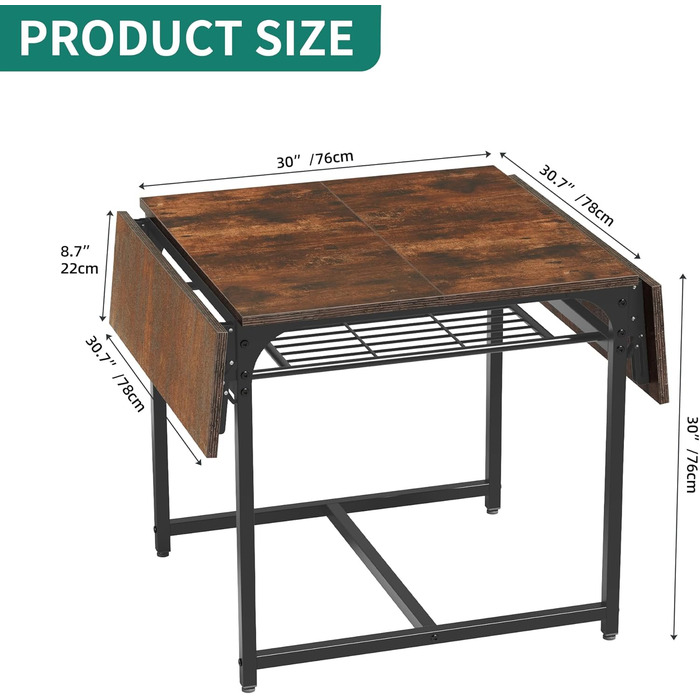 Розкладний обідній стіл YITAHOME, розсувний відкидний стіл з тримачем для зберігання та 4 регульованими ніжками, для 2-6 осіб, 120 x 78 x 75 см, рустикальний коричневий та чорний
