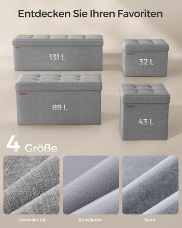 Пуф для зберігання SONGMICS, Складана лавка, Пуф для ніг 38 x 110 x 38 см, Коробка для зберігання, Вантажопідйомність до 300 кг, для вітальні, спальні, коридору, Попелясто-сірий LSF77G 110B см Попелясто-сірий