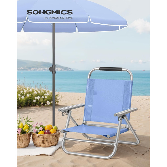 Пляжне крісло SONGMICS, портативне розкладне крісло, регульована спинка в 4 положеннях, з підлокітниками, дихаюче та зручне, вуличне крісло 1, синього кольору