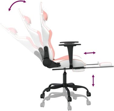 Геймерське крісло з підставкою для ніг, біла та рожева штучна шкіра, регульована спинка та висота, поворот на 360 градусів, міцний металевий каркас, ергономічний комфорт, довговічний