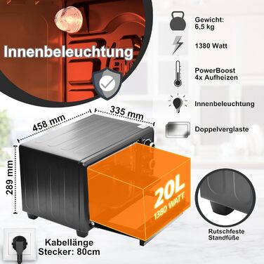 Міні-піч OptimumX 20 л, маленька міні-піч з конвекцією, таймер на 60 хв, піч для піци, 1380 Вт, чорна 20 літрів