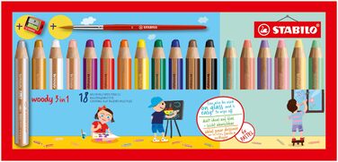 Кольоровий олівець, акварель та воскова крейда - 3 в 1 з дерев&39яним відтінком - 18 шт. з точилкою та пензлем - 12 стандартних та 6 пастельних кольорів