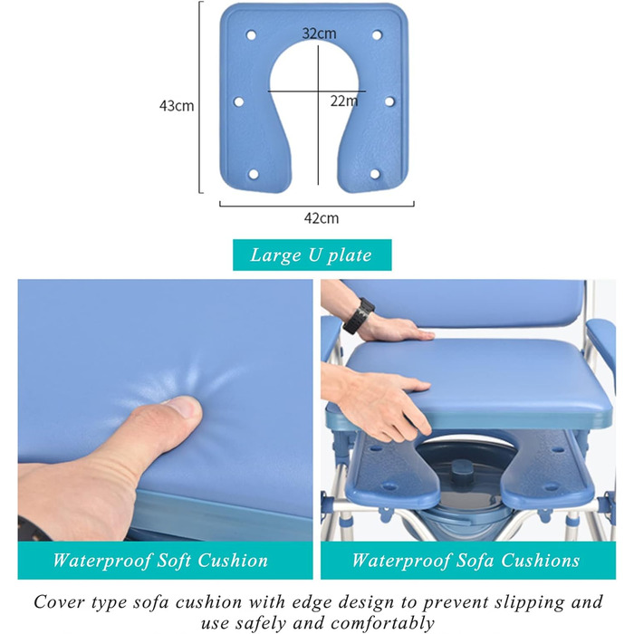 Приліжкове крісло для душу, туалетне крісло з підлокітниками, знімне відро, регульоване по висоті - м'яке мобільне крісло для туалету