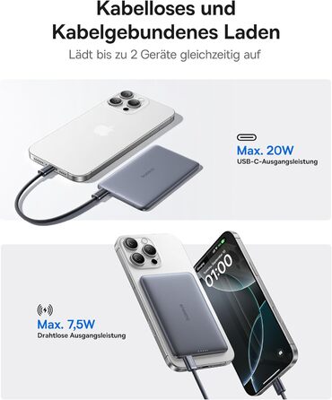 Портативний зовнішній акумулятор Baseus Picogo AM41, ультратонкий зовнішній акумулятор MagSafe ємністю 5000 мАг, швидка зарядка PD 20 Вт, бездротовий, магнітний, з кабелем USB-C для iPhone 17/16/15/14/13/12, колір космічний сірий, 5000 мАг