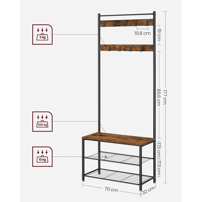 Вішалка для одягу, Вішалка для одягу з полицями для взуття, Вішалка для взуття із сидінням, для передпокою, з гачками, 3 полиці, Метал, Висота 177 см, Промисловий дизайн, Вінтажний коричнево-чорний HSR41BX 70 x 177 см Вінтажний коричневий чорний